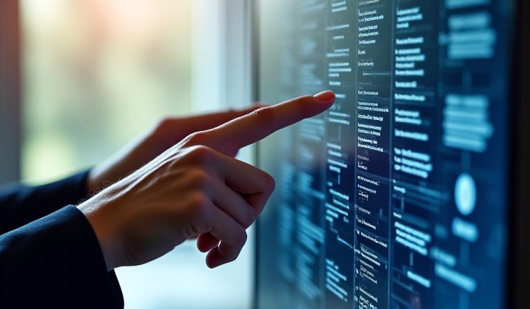 An analyst reviewing complex data logic flows on a bright screen