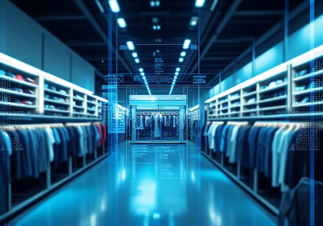 Modern retail environment with digital overlays showing data trends